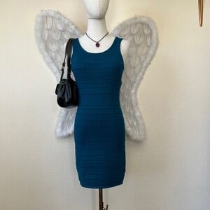 Y2K 2000s Bodycon Club Dress Crisscross Back Teal‎ Blue M Indie Sleaze Going Out